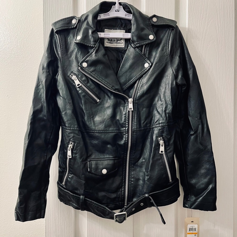 Levi's Longline Biker Jacket Black Faux Leather Women S Moto Belted Asymmetrical